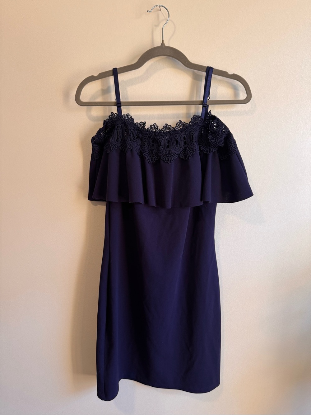 BCX Navy Off-Shoulder Ruffle Mini Dress